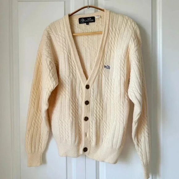 Vintage cream cable  knit Crocodile logo embroidered 100% soft wool cardigan - Picture 3 of 7
